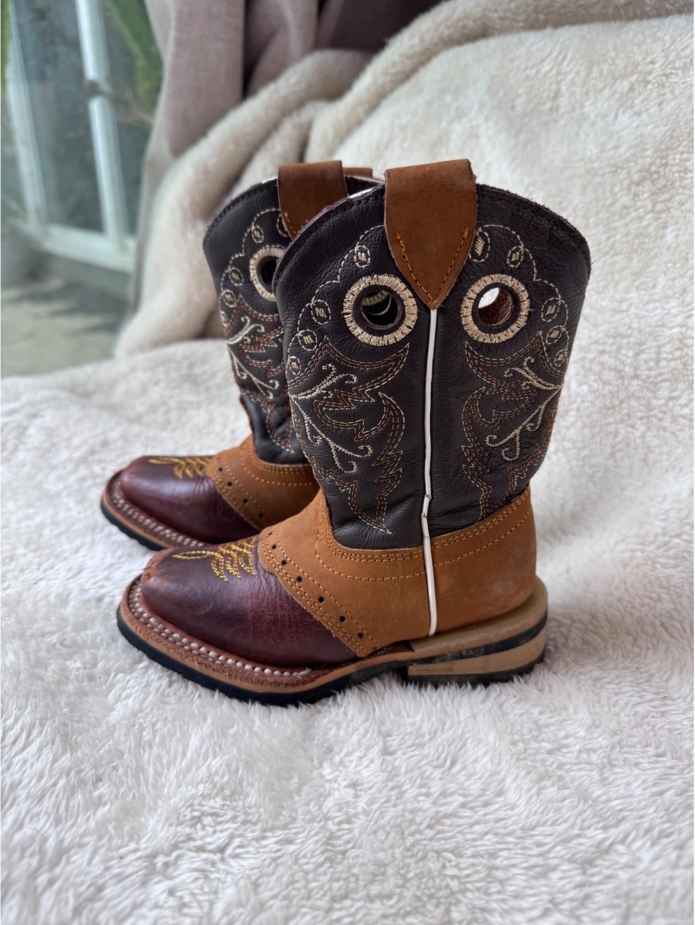 Black Star Kids Cowboy Boots Size 14.5 Brown Leather Square Toe Western
